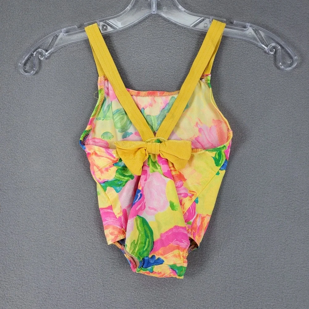 Sea Fair‎ One Piece Swimsuit Kids 5 Yellow Floral VTG Toddler USA Bow Cross Back